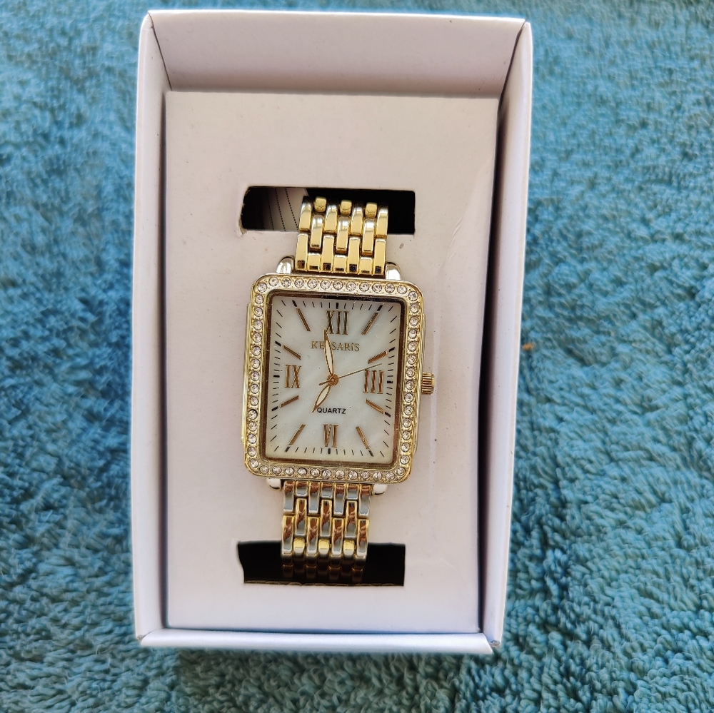 Kessaris Gold Tone Quartz Watch New in Box Pave Crystals Bold Link Fancy Formal